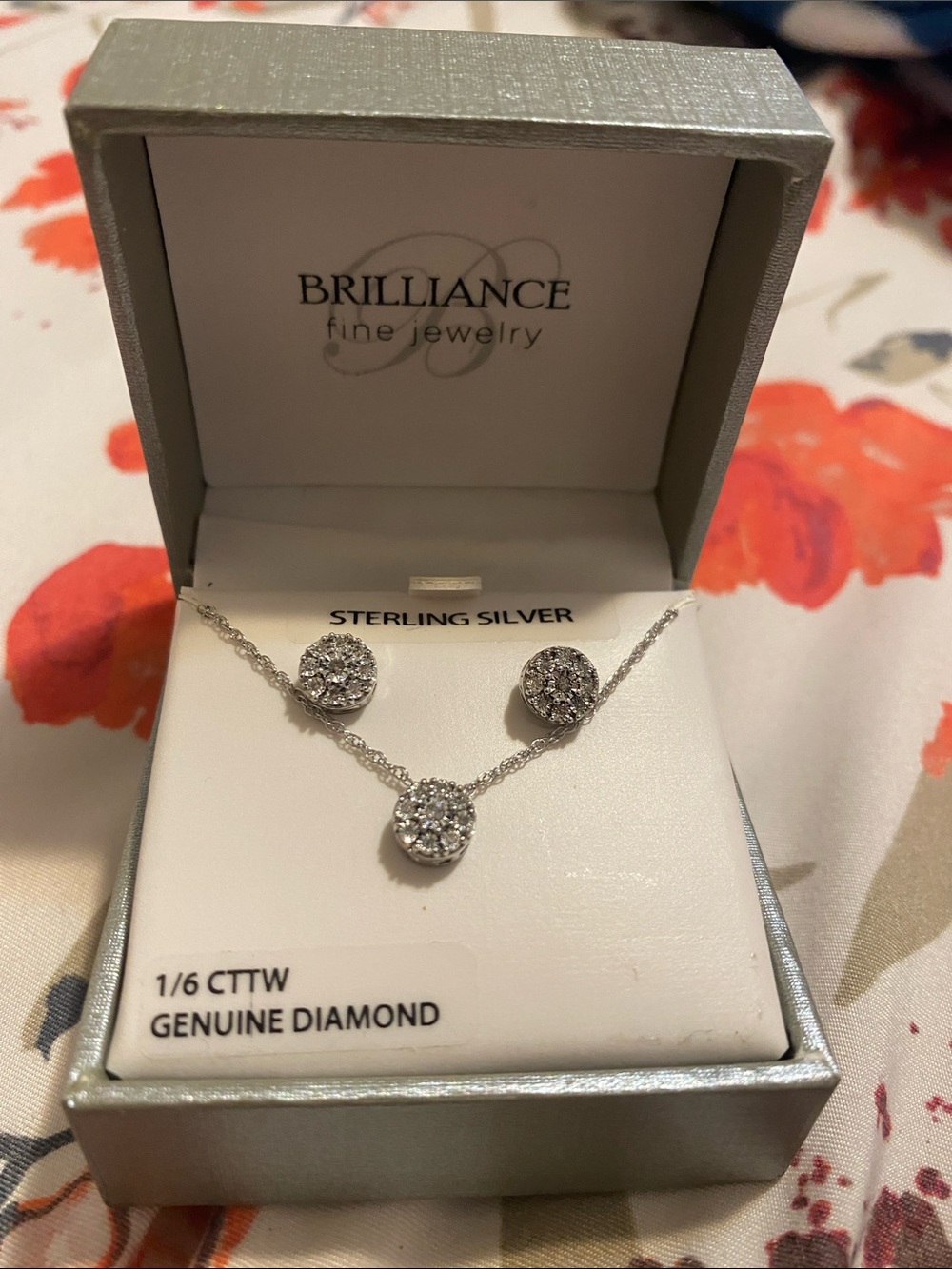 Brilliance sterling silver 1/6CTTW genuine diamonds stud earrings & necklace.